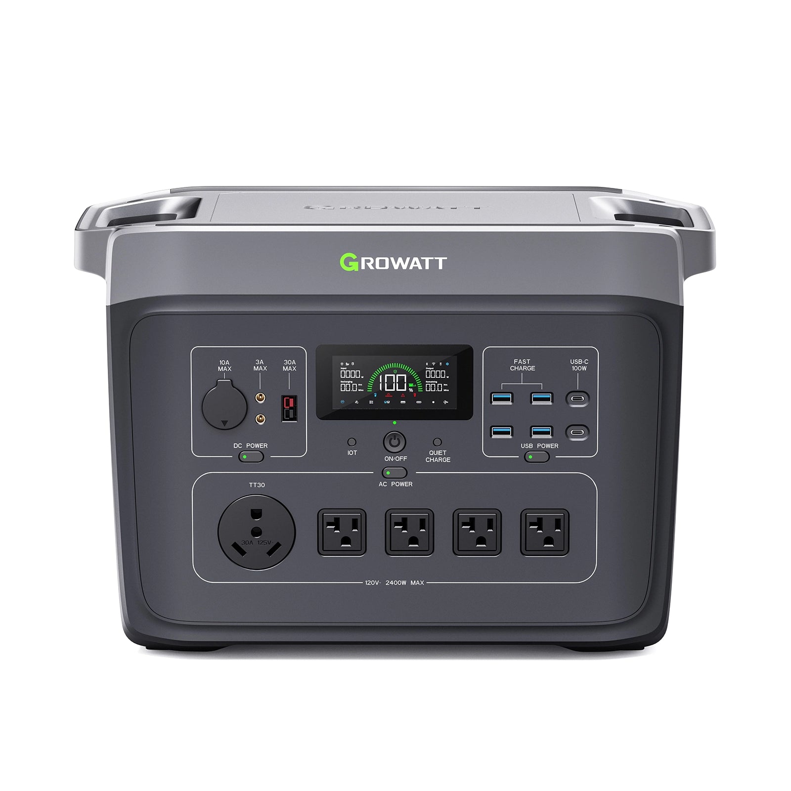 Growatt Infinity 2000 Pro — vista trasera con entrada AC y protección de sobrecarga