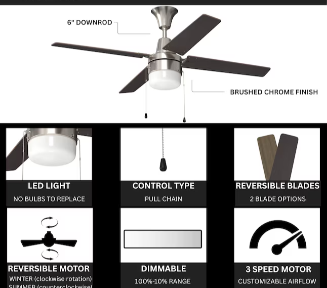 Litex 48 Brushed Chrome Led Ceiling Fan
