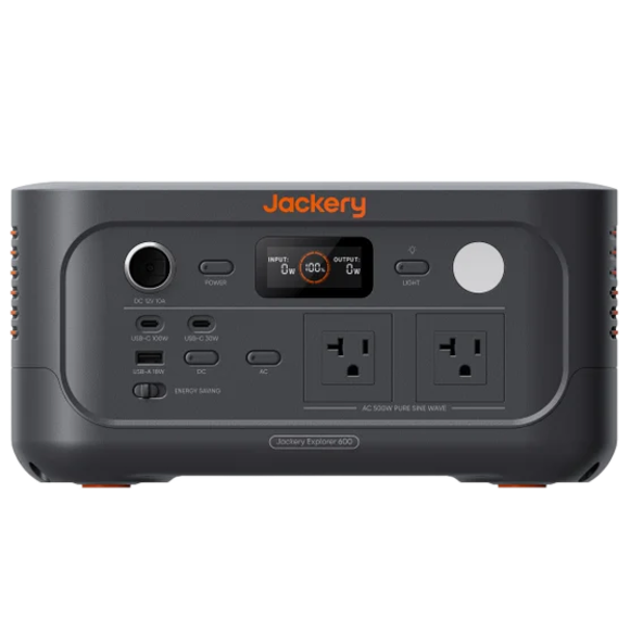 Jackery Explorer 600 v2 - panel frontal con puertos y pantalla